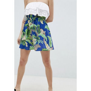 Asos Skirt 12 Tropical Parrot Paper Bag Tie Waist Skater Vacation Linen Blend